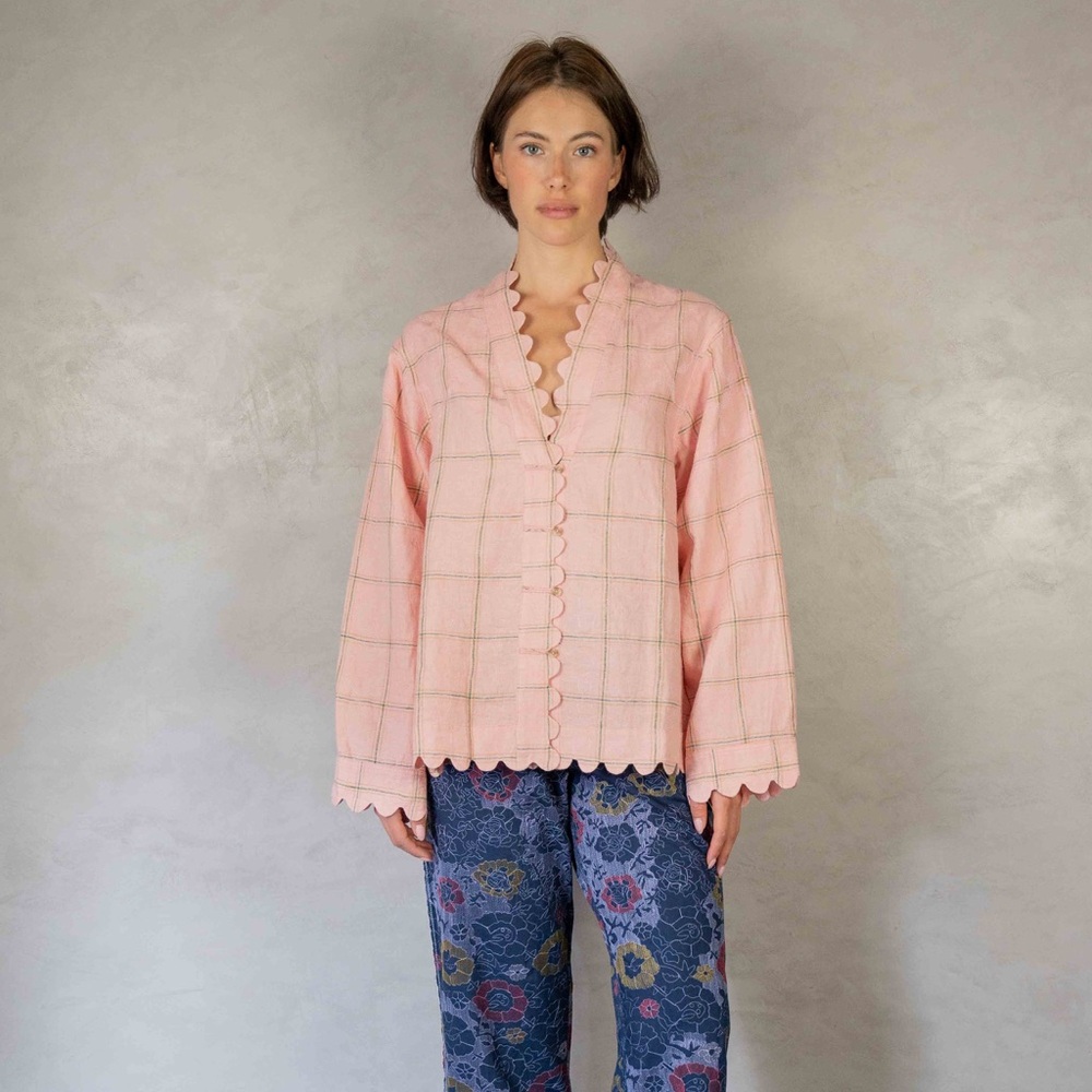Untitled Co Linen Peach Plaid Grid Scalloped Open Front Jacket Top Free Size